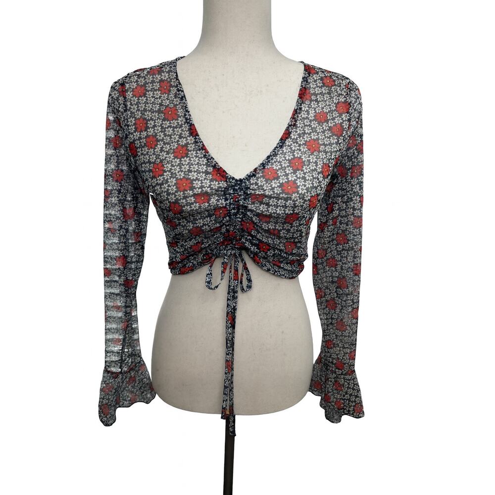 Lulus Size Small Crop Sheer Long Sleeve Top Red Navy
